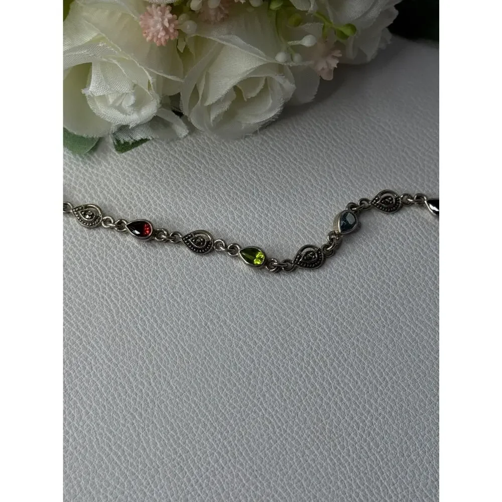 925 Sterling Silver Amethyst Citrine Garnet Peridot Topaz Bracelet Length 7.5 In